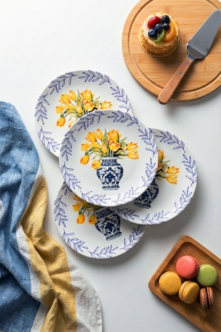 Grandora Vazo Ve Çiçek Desenli 6 Adet, 20 Cm Modern Pasta Tatlı Tabağı Seti Şık Kahvaltılık Tabak Sarı