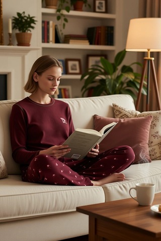 Benerly Kadın Uzun Kollu Kayık Yaka Regular Kalıp Waffle Örme Pijama Takı bordo