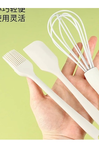 Qerhome 3'lü Silikon Pasta Tatlı Yapma Seti Çırpıcı- Fırça-spatula Beyaz