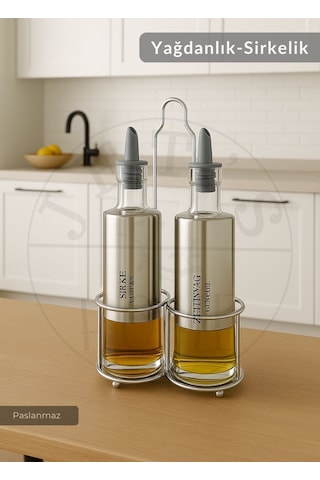 2 Li Set Yağdanlık Takımı Paslanmaz Yağlık Sirkeli Çelik 300 Ml Metalik Gri