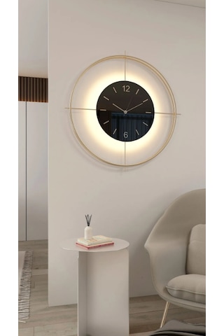 MetaQuartz Aksesuar (Büyük Boy-55*55 cm)Gold Deluxe Ledli Pilli - Siyah Göbek - Modern Dekoratif Metal D Gold