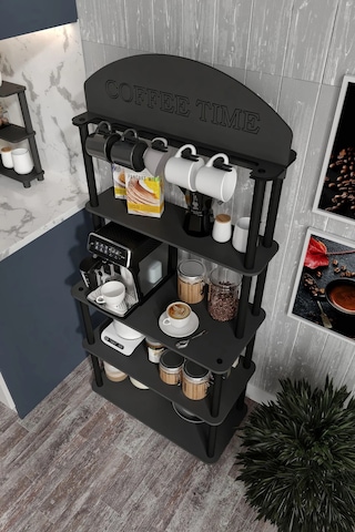 Coffee Time Dekoratif Kahve Standı Çok Amaçlı Dolap Siyah Siyah