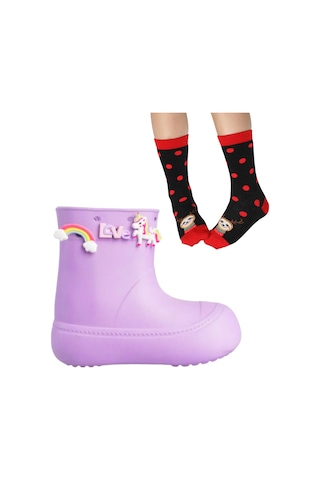 Lila Kız Çocuk Yağmur Botu & Çorap Set Lila