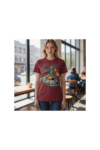 Urbantrendstore Unisex Uzaylı Oversize Fit Rahat Geniş Salaş T-shirt Günlük Tişört Bordo