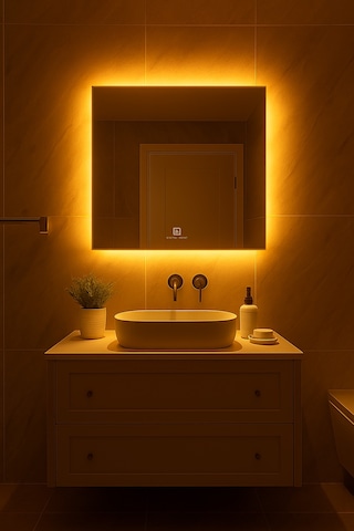 Digital Hayat Dokunmatik Dimlenebilir Amber Led Işıklı Kare Ayna Dekoratif Banyo Makyaj Aynası Koyu Sarı Koyu Sarı