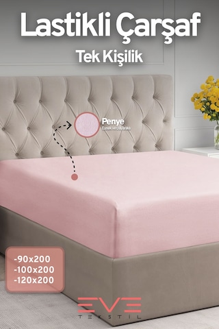 Eve Tekstil Fitted Yüksek Kaliteli Penye Kumaş Tek Kişilik Lastikli Çarşaf Toz Pembe
