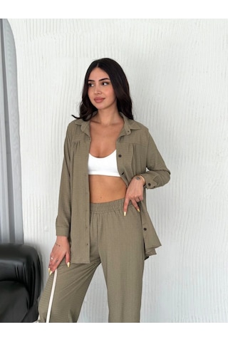 Moderie Butik Yakalı Düğmeli Uzun Kollu Gömlek Pantolon Ikili Takım - Bej Bej