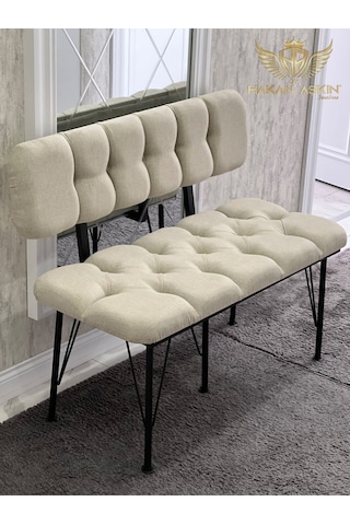 By Hakan Aşkın Siyah Metal Ayaklı Metal Alt Kasalı Keten Krem New 2024 Sırtlı Bench Bank Krem Keten