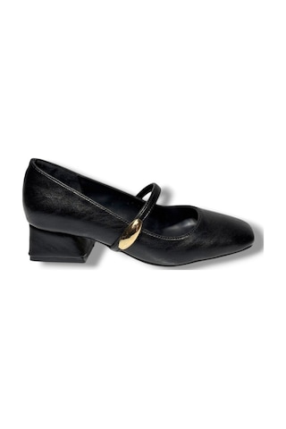 Cshoes 175-26 Cilt Deri Bantlı Kısa Kare Topuklu Kadın Ayakkabı Siyah