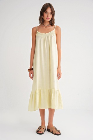 4740 Kadın Askılı Müslin Midi Elbise Sarı Sarı