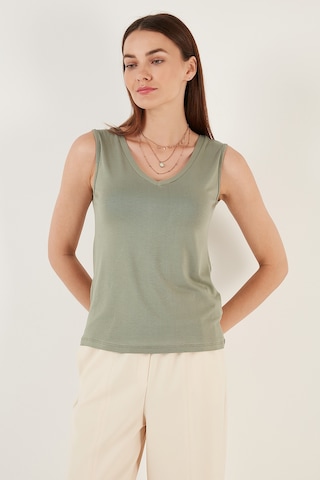 Lela Slim Fit V Yaka Kalın Askılı 2' Li Paket Bayan Bluz 5864384S2 Ekru-Olive