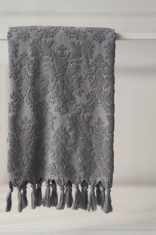 %100 Pamuk Jakarlı Banyo Havlusu - Kabartma Damask Desenli - 90x150 Cm - Antrasit Antrasıt Antrasit