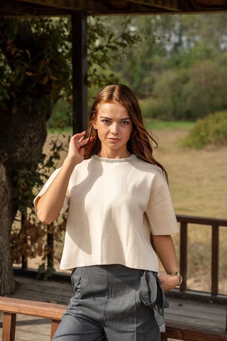 Verdeblanco Taşlı Yaka Basic Bluz Krem Krem