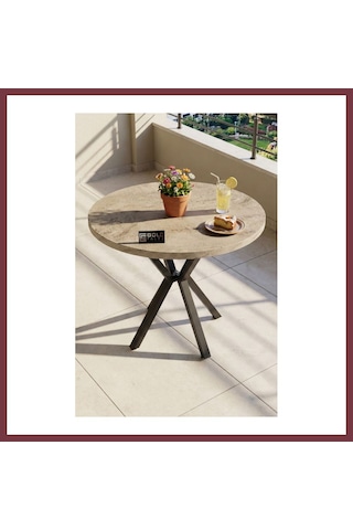 Storeşahin Mutfak Masası 90 Cm Yuvarlak Masa Modern Metal Ayaklı Cafe Balkon Ofis Yemek Masası 9826 Traverten Shn0720