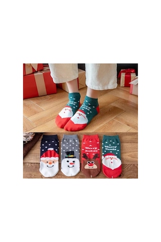 Worthy Socks 4 Çift Kadın Yıkamalı Yılbaşı Desenli Bilek Patik Çorap Renkli