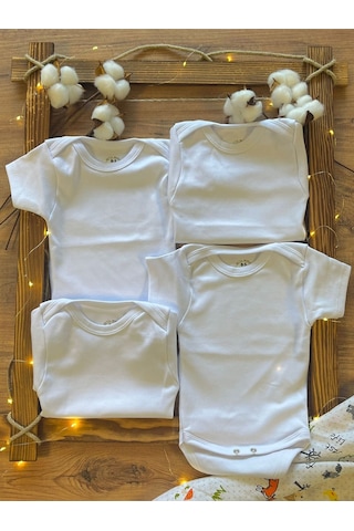 Betül Bebek Kısa Kollu 4'lü Organik Pamuk Çıtçıtlı Bebek Body & Zıbın 4adet Beyaz