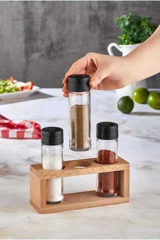 Lima 3lü Tuzluk Biberlik Seti Ahşap Stantlı 3lü Baharatlık Siyah Kapak Siyah
