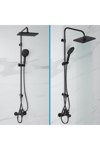 Adell Mode S Rain Duş Sistemi + Lento Banyo Bataryası 2 Parça Set Mat Siyah Siyah