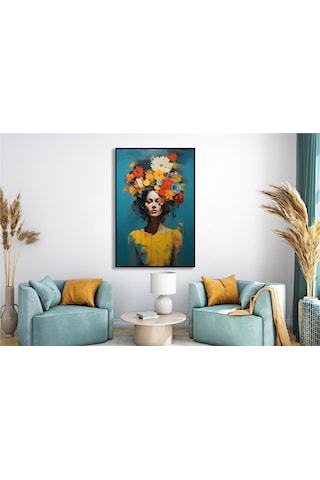 Yağlı Boya Dokulu Tablo Modern Çiçek Saçlı Kadın Siyah Çerçeveli U05011-178963