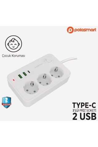Polosmart Mp15, Akım Korumalı Uzatma Kablosu, 3'lü Priz, 2 Metre Kablo, 2 Usb+1 Type-c 2