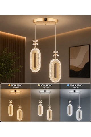 Serra Model 2'li Avizeb 3 Renk Modu Ledli Modern Salon Mutfak Oturma Odası Led Avize Gold