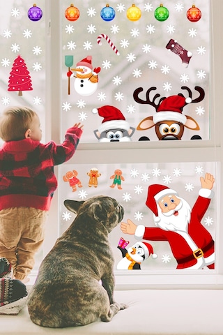 Yılbaşı Sticker Noel Baba Geyik Penguen ve Kar Taneleri Cam Duvar Süsü