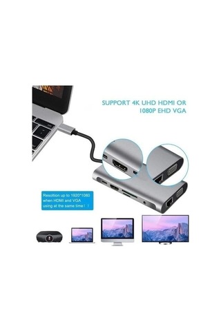 Uyumlu Type-c Usb-c To 4 Usb 3.0 4k 1080p Hd Hdmı Vga Pd Aux Ses Sd Tf Kart 11ın1 Çevirici Hub