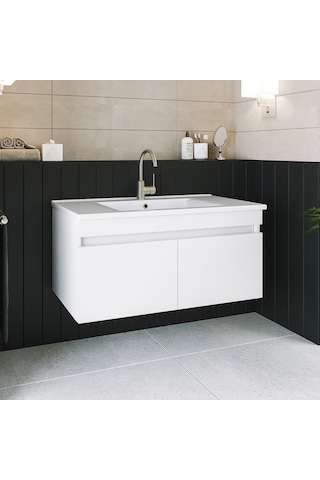 Banos Ld3 Ayaksız 2 Kapaklı Lavabolu Beyaz 100 Cm Banyo Dolabı Beyaz