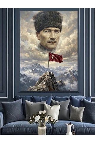 Dağ Zirvesinde Atatürk Ve Bayrak Dekoratif Kanvas - Mdf Ahşap Tablo