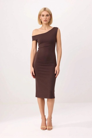 Benerly Kadın Asimetrik Yaka Düşük Kol Bodycon Midi Elbise Silky İnterlok Kahverengi