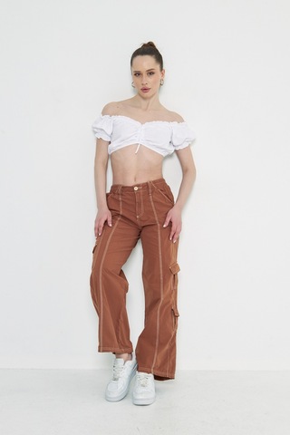 Kutaf Camel Kargo Cepli Dikiş Detaylı Yüksek Bel Wide Leg Pantolon Kahverengi