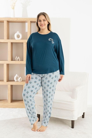 Pijamoni Kadın Milan Büyük Beden Bisiklet Yaka Uzun Kol İnce Pijama Takımı 7666/50 - 1 Adet Petrol