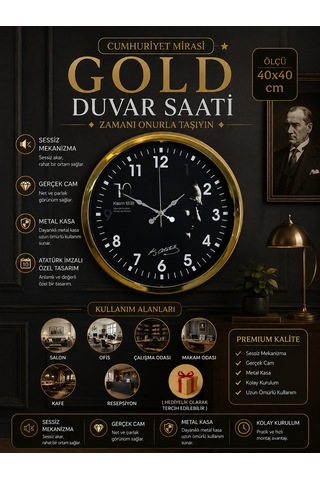 Gold Cumhuriyet Mirası 40 Cm Metal Duvar Saati