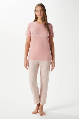 Ritnice Kadın Beautiful Yumuşak Doku Pudra Bisiklet Yaka Kısa Kollu Alt Üst Pijama Takımı Pudra