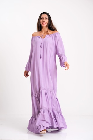 Keyifli Moda Kadın Lila Carmen Yaka Fırfırlı Kol Etekleri Fistolu Oversize Uzun Elbise - Lila