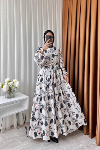 Neşeli Butik Kadın Keten Desenli Tesettür Elbise Sms002 - Siyah Siyah