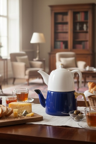 Porselen Üst Demlik & Lacivert Emaye Alt Çaydanlık İkili Çay Seti