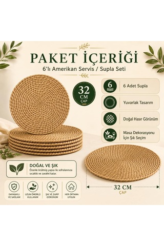 Lexroo Sogud Hasır Supla 6 Lı Set - 32 Cm Yuvarlak Amerikan Servis - Kahverengi