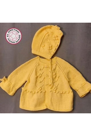 Uretti - Talia 8659 - 1599 El Örgüsü Kız Çocuk Sarı Hırka Ve Şapka Takım - 2 Yaş Sarı