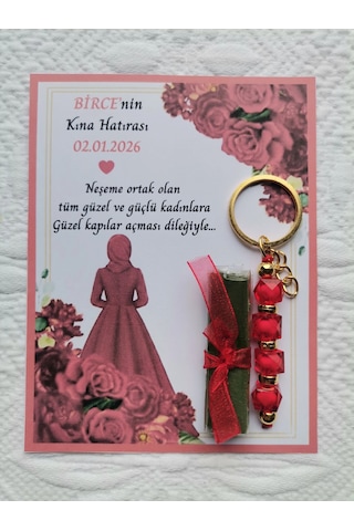 100 Adet Kişiye Özel Tesettürlü Model Kına Hatırası Hediyelik Kırmızı Anahtarlık Ve Paketlenmiş Kına