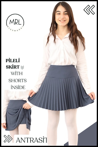 Kız Çocuk Pileli Etek Antrasit Yüksek Bel İçi Şortlu Likra Kumaş Okul-oyun-spor-etkinlik Eteği 4103 Antrasit / Gri