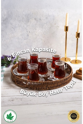 Yuvarlak Hasır Tepsi, Kulplu Sunum Tepsisi, Servis Tepsisi, Kahve Tepsisi, Keyif Tepsisi, Modern Hasır Tepsi - 35 Cm Kahverengi