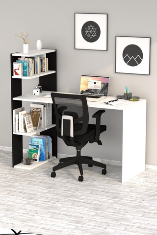 Moonlife Çınar Kitaplıklı Çalışma Masası Beyaz Siyah Beyaz