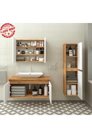 Banos Roomart Lavabolu Ahşap-Mat Beyaz 100Cm Banyo Dolabı+Aynalı Beyaz