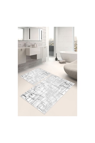Modern Desenli Gri Dijital Baskılı Yıkanabilir 2li Banyo Paspası
