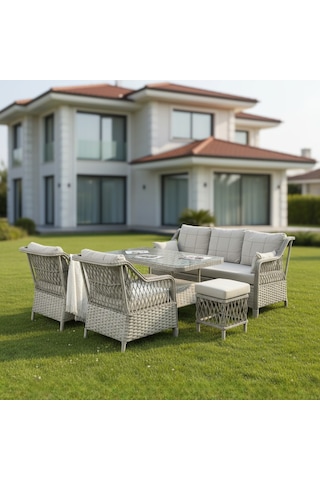 Petra Galvanizli 3+1+1+masa 80x140 +2 Puf Bahçe Balkon Mobilyası Açık Krem