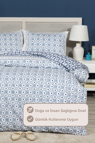 Elart Amanda Nevresim Takımı Çift Kişilik %100 Pamuk Ranforce Lastikli Çarşaf 200x220 Cm Mavi MAVI
