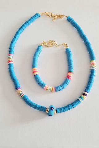 Fimo Soft Nazar Boncuklu Kolye ve Bileklik Seti  Mavi