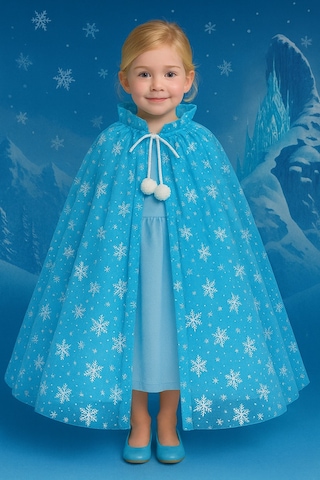 Frozen Elsa Tarzı 80 Cm Mavi Kar Taneli Pelerin Kız Çocuk Kostüm Temalı Parti Aksesuarı 5-9 Yaş