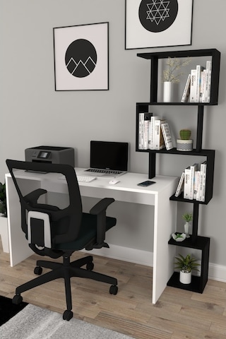 Moonlife Pratik Kitaplıklı Çalışma Masası Beyaz Siyah